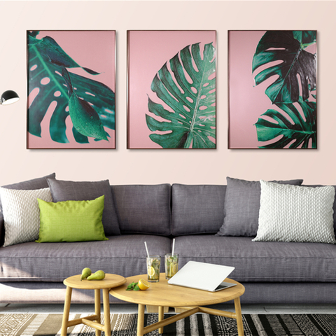 Style nordique 3 pièces H800mm * 600mm feuille verte suspendue mur salon peinture sur verre